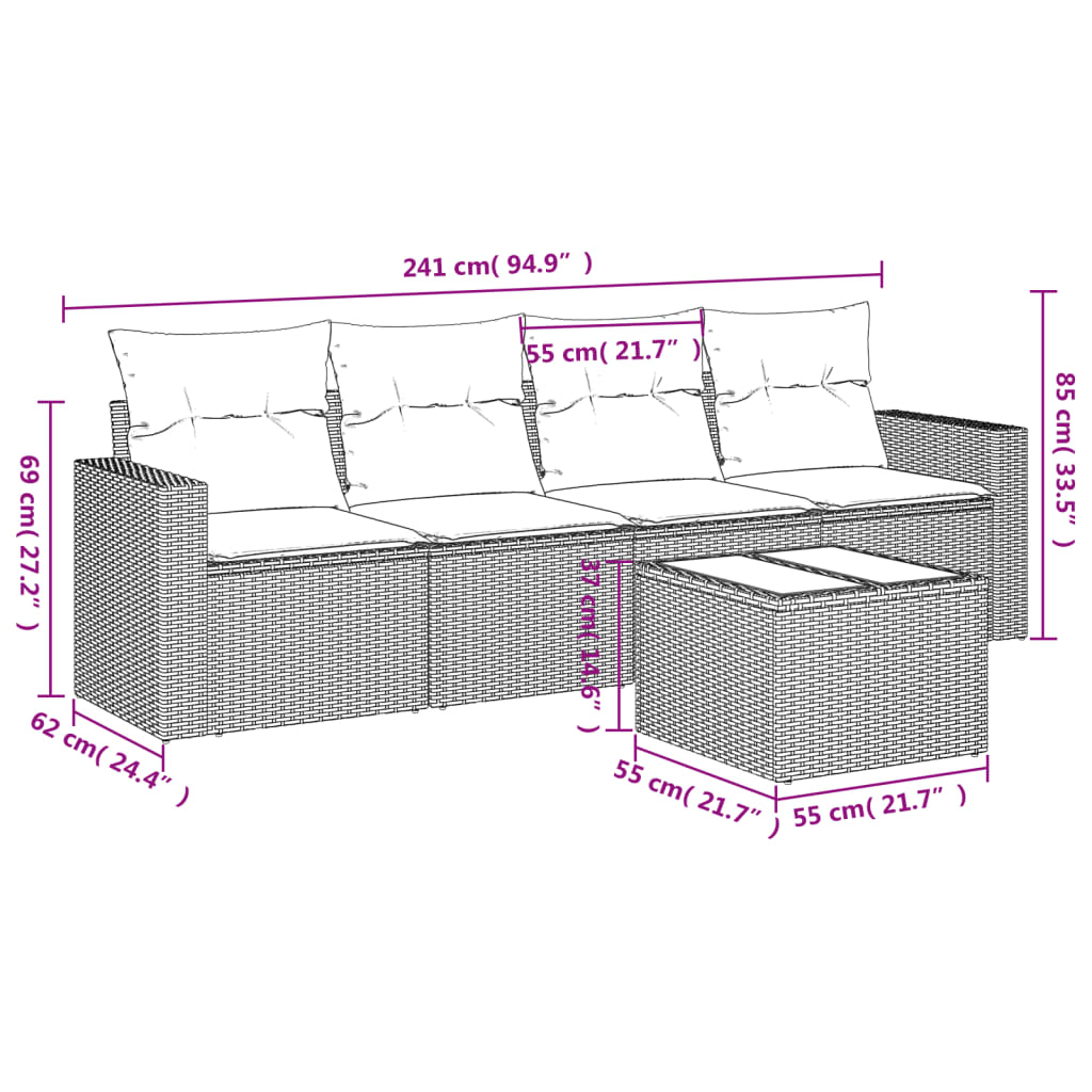 5-delige Loungeset met kussens poly rattan zwart