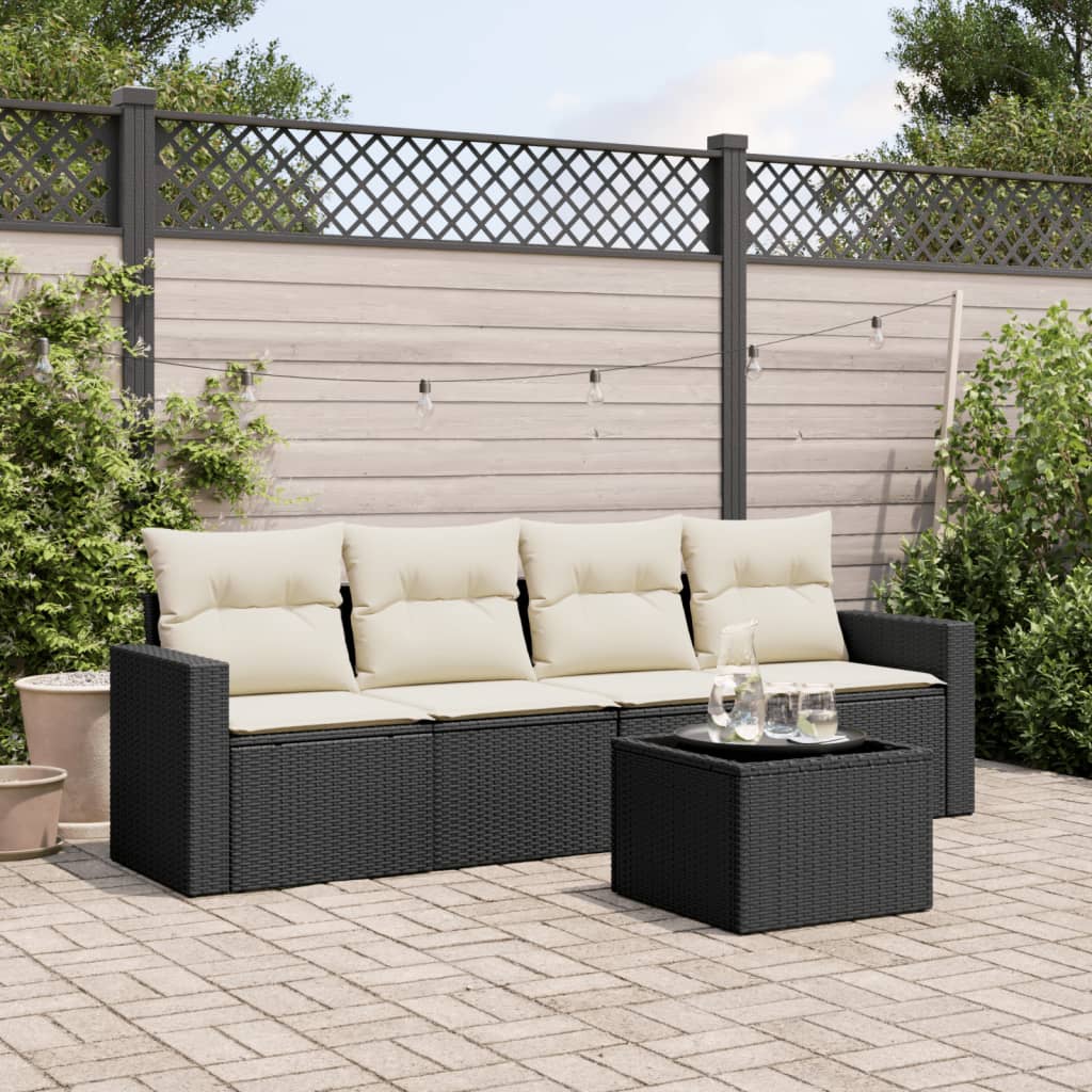 5-delige Loungeset met kussens poly rattan zwart