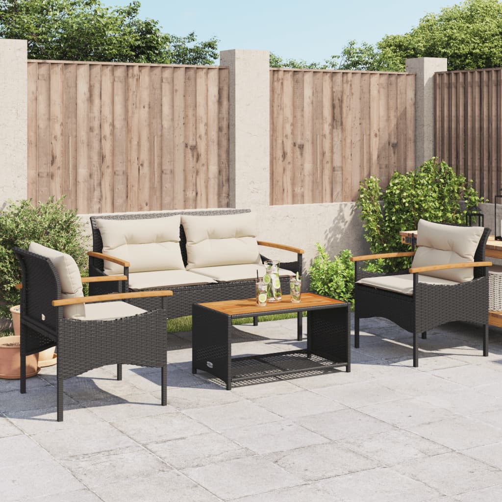 4-delige Loungeset met kussens poly rattan zwart Tuinsets | Creëer jouw Trendy Thuis | Gratis bezorgd & Retour | Trendy.nl