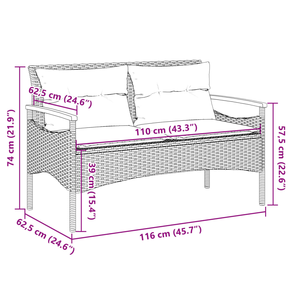 Tuinbank met kussens 116x62,5x74 cm poly rattan zwart Tuinbanken | Creëer jouw Trendy Thuis | Gratis bezorgd & Retour | Trendy.nl