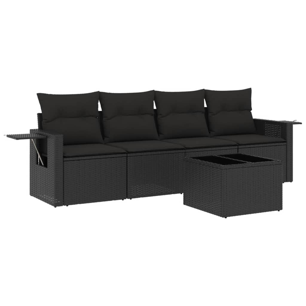 5-delige Loungeset met kussens poly rattan zwart