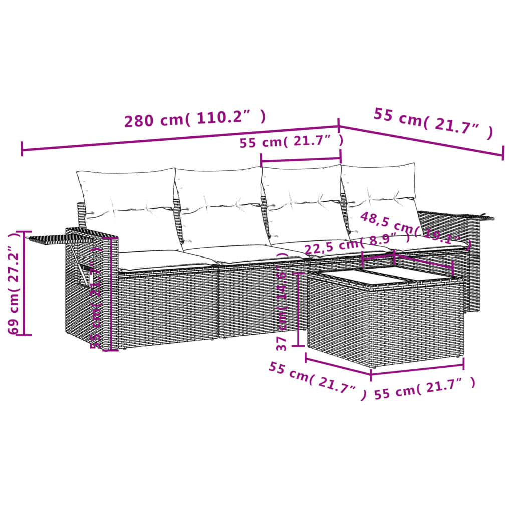 5-delige Loungeset met kussens poly rattan zwart