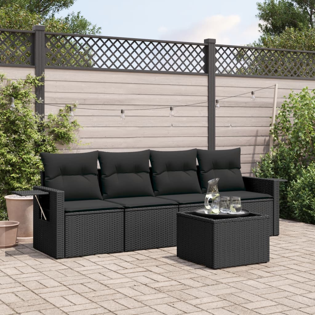 5-delige Loungeset met kussens poly rattan zwart