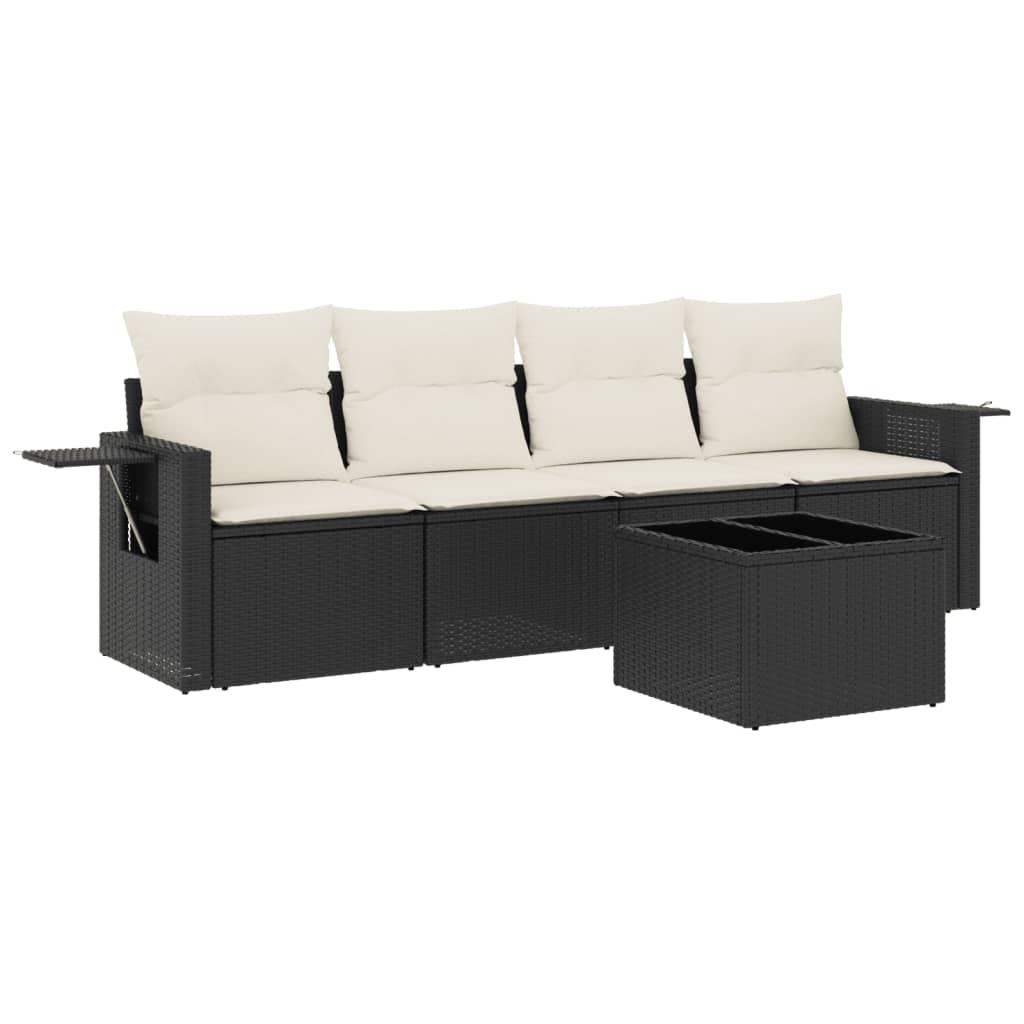 5-delige Loungeset met kussens poly rattan zwart