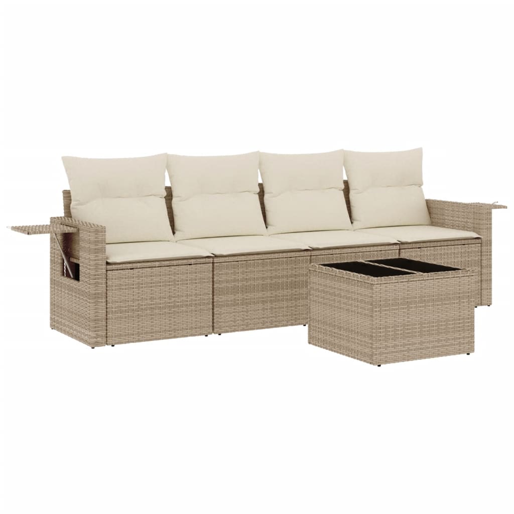 5-delige Loungeset met kussens poly rattan beige