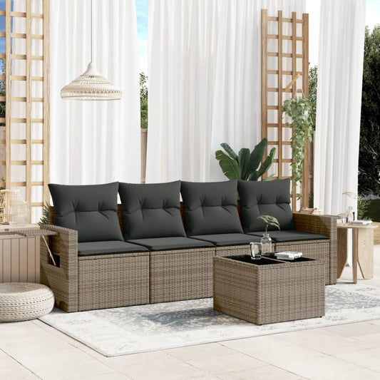 5-delige Loungeset met kussens poly rattan grijs