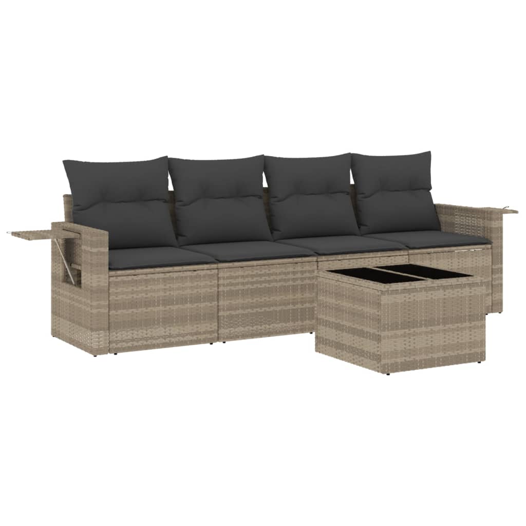 5-delige Loungeset met kussens poly rattan lichtgrijs