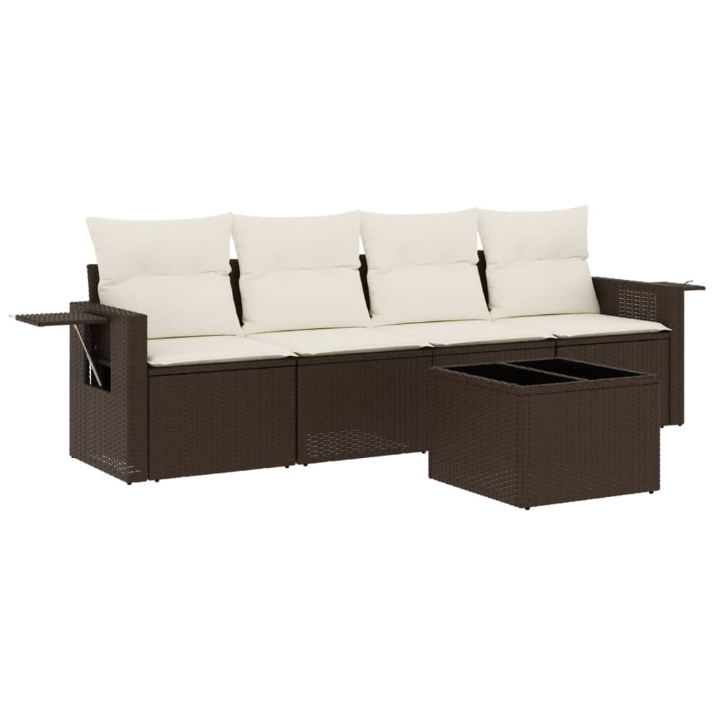 5-delige Loungeset met kussens poly rattan bruin