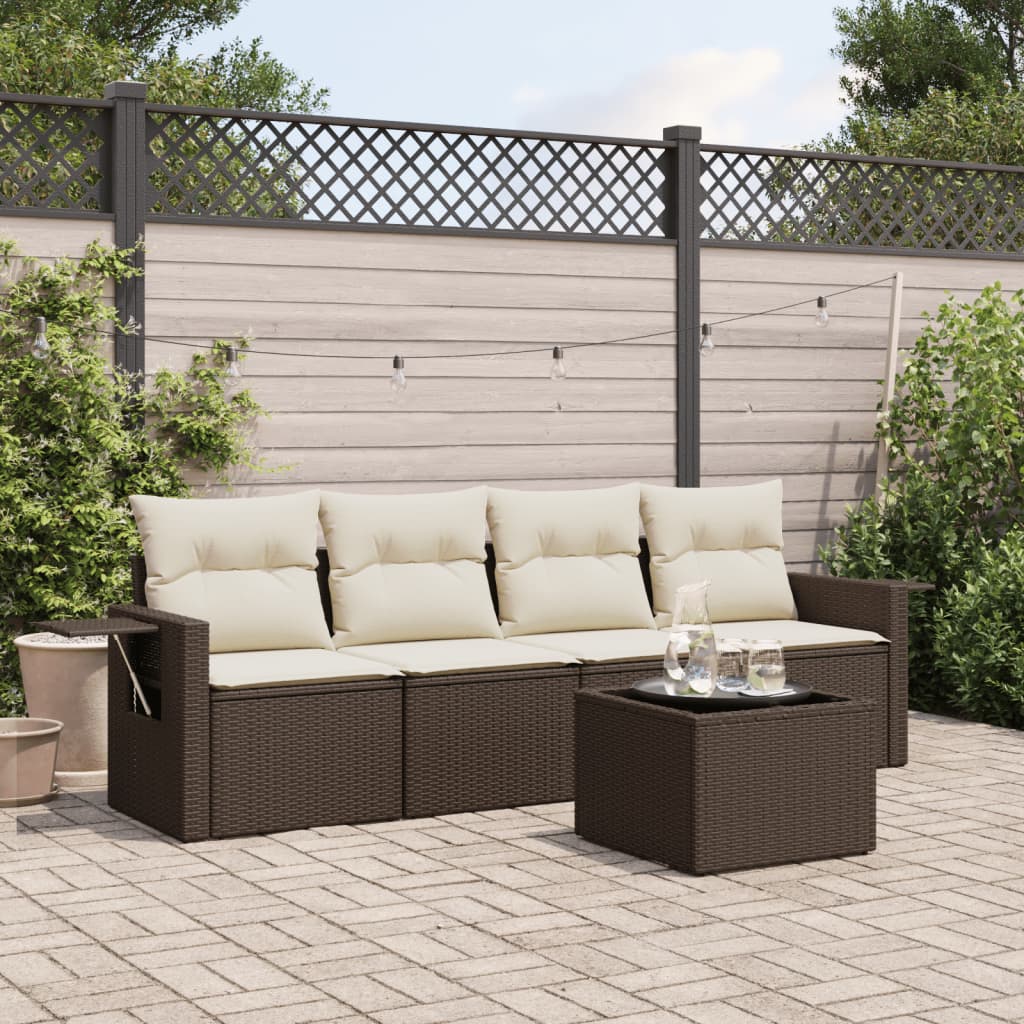 5-delige Loungeset met kussens poly rattan bruin