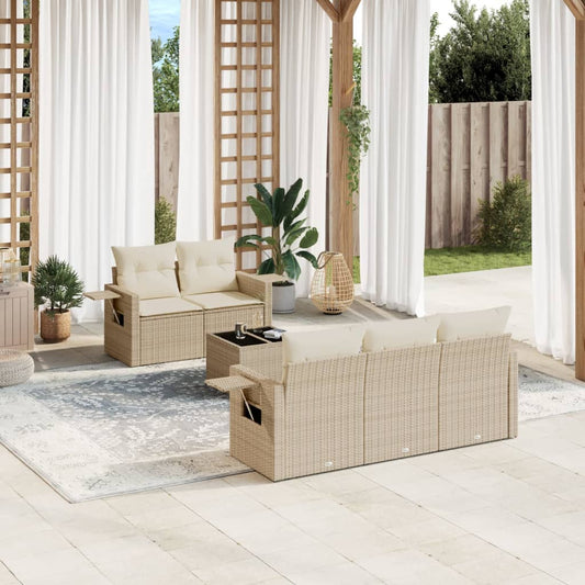 6-delige Loungeset met kussens poly rattan beige