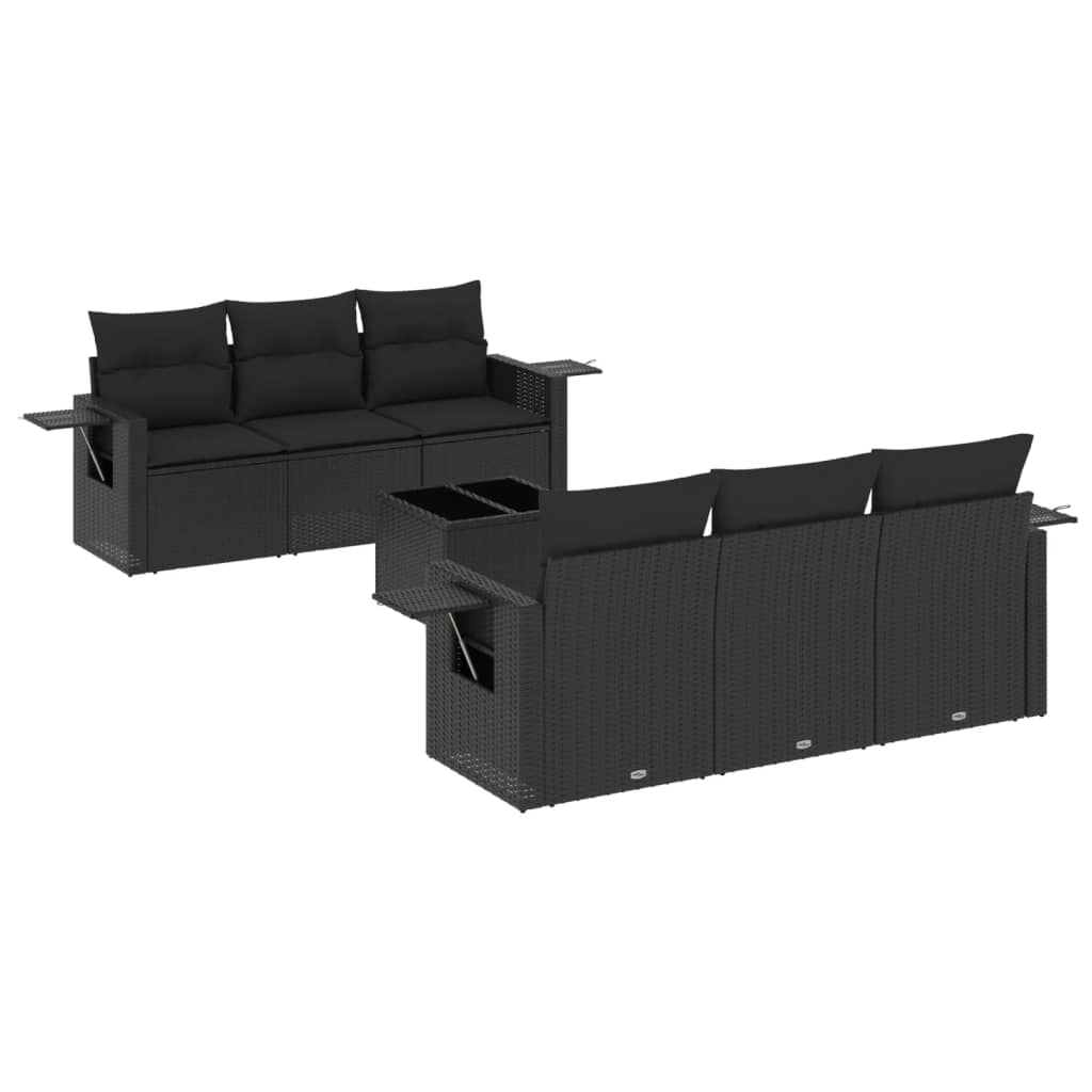 7-delige Loungeset met kussens poly rattan zwart