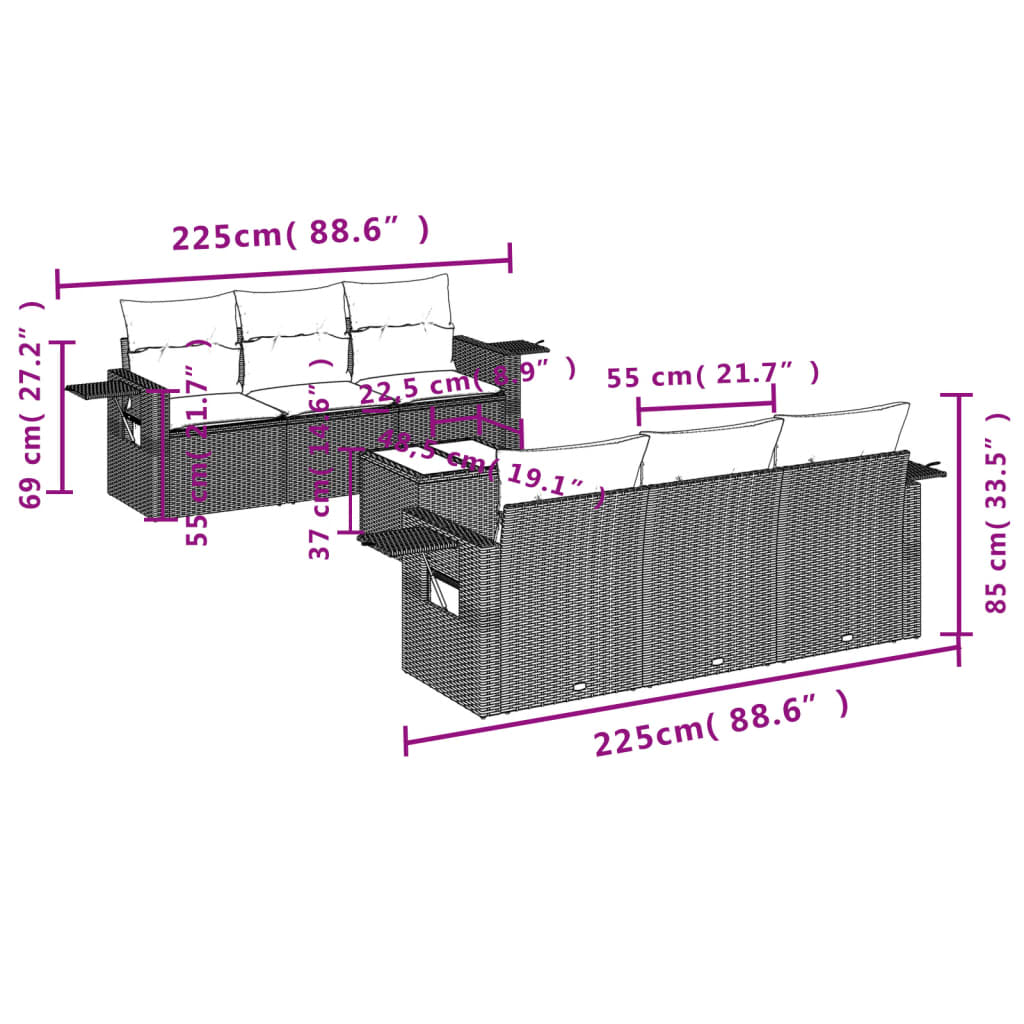 7-delige Loungeset met kussens poly rattan zwart