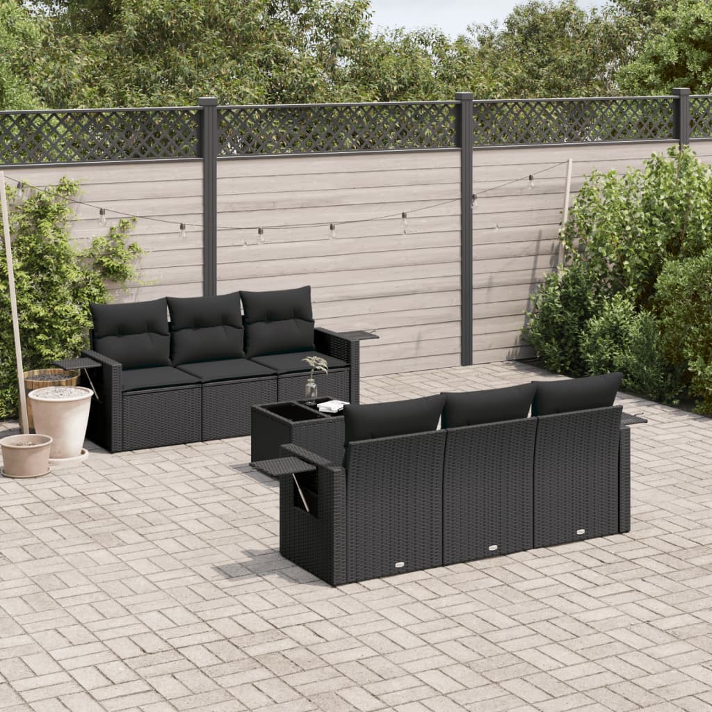 7-delige Loungeset met kussens poly rattan zwart