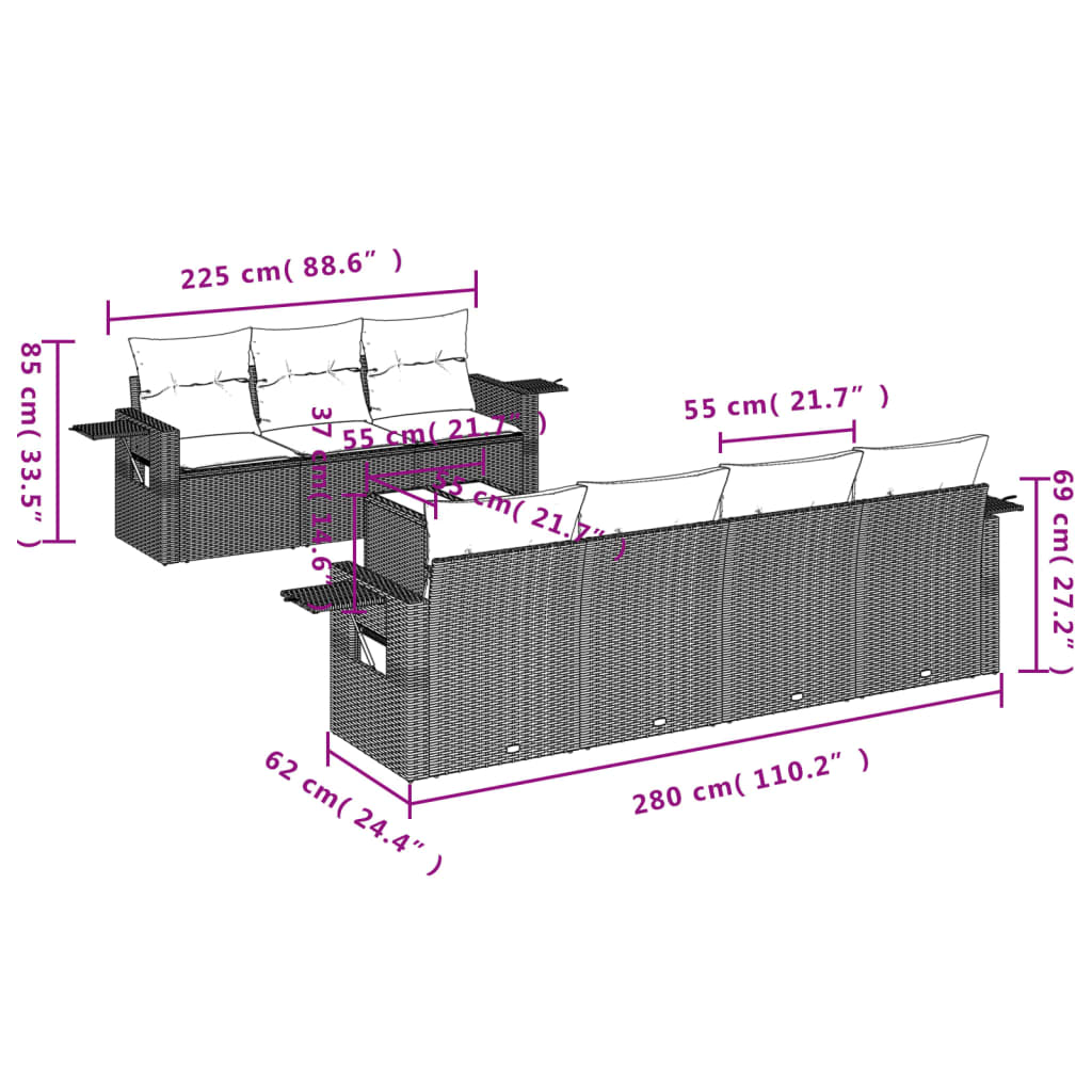 8-delige Loungeset met kussens poly rattan bruin