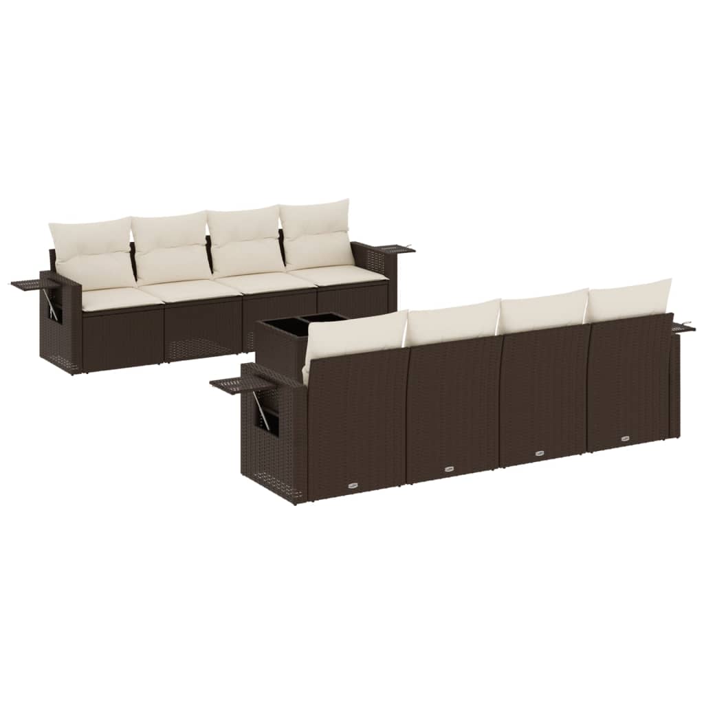 9-delige Loungeset met kussens poly rattan bruin