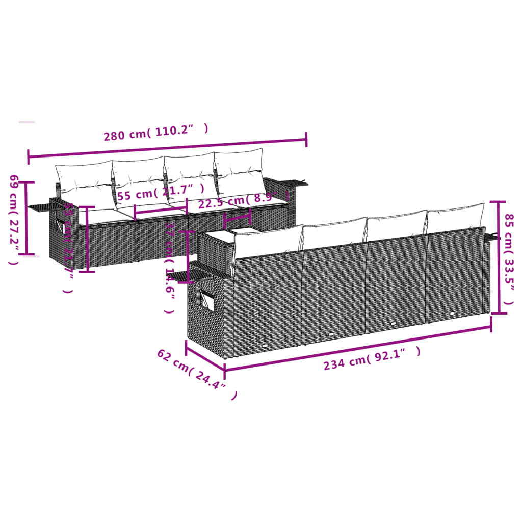 9-delige Loungeset met kussens poly rattan bruin