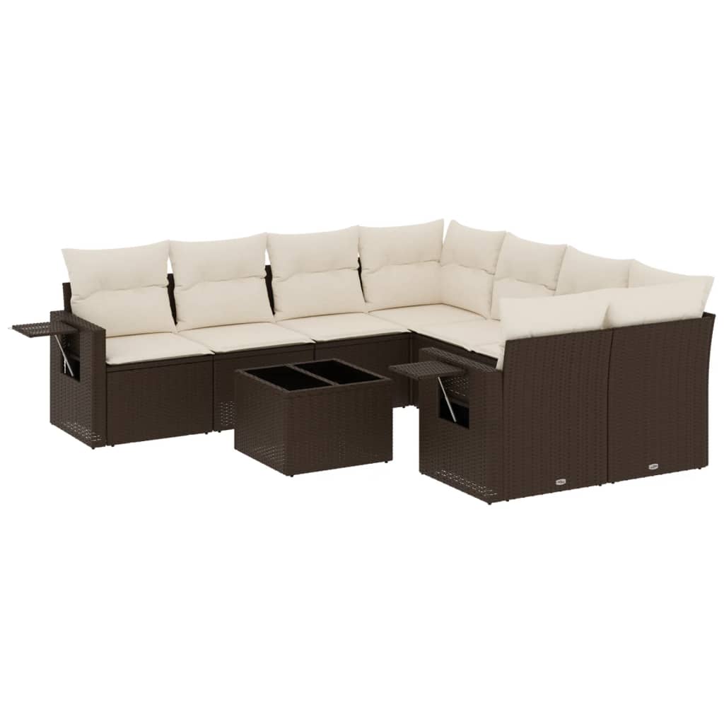 9-delige Loungeset met kussens poly rattan bruin