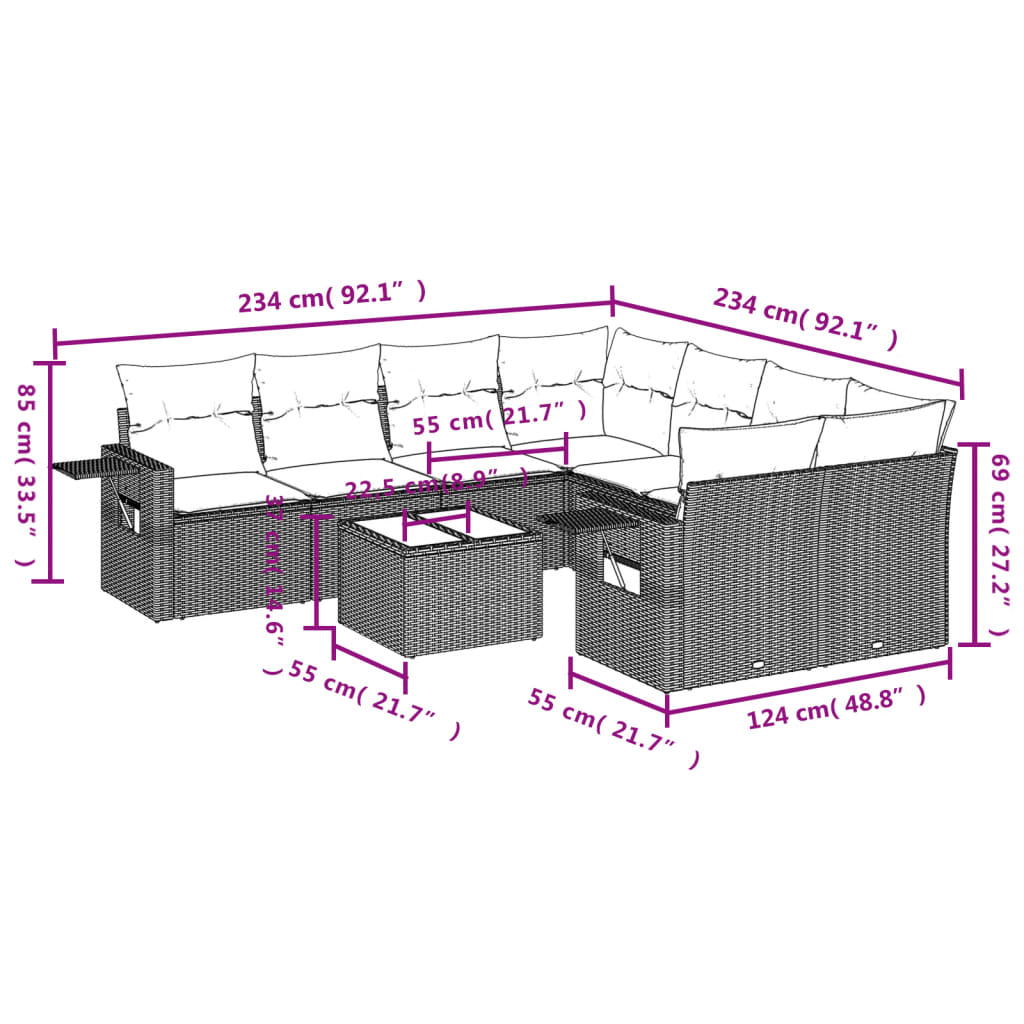 9-delige Loungeset met kussens poly rattan bruin