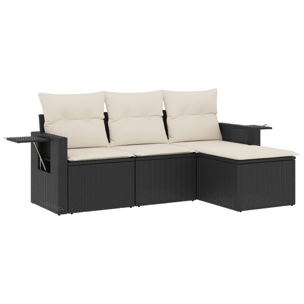 4-delige Loungeset met kussens poly rattan zwart