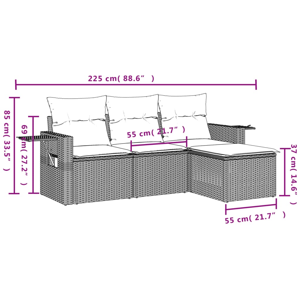 4-delige Loungeset met kussens poly rattan zwart