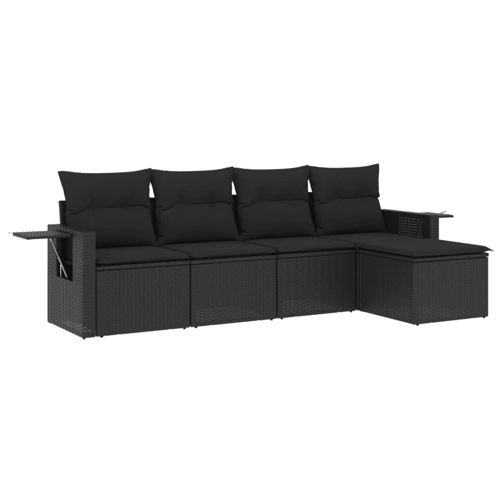 5-delige Loungeset met kussens poly rattan zwart