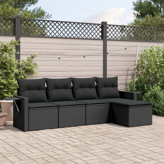 5-delige Loungeset met kussens poly rattan zwart