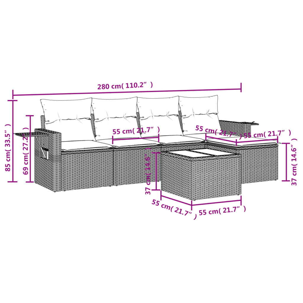 6-delige Loungeset met kussens poly rattan zwart