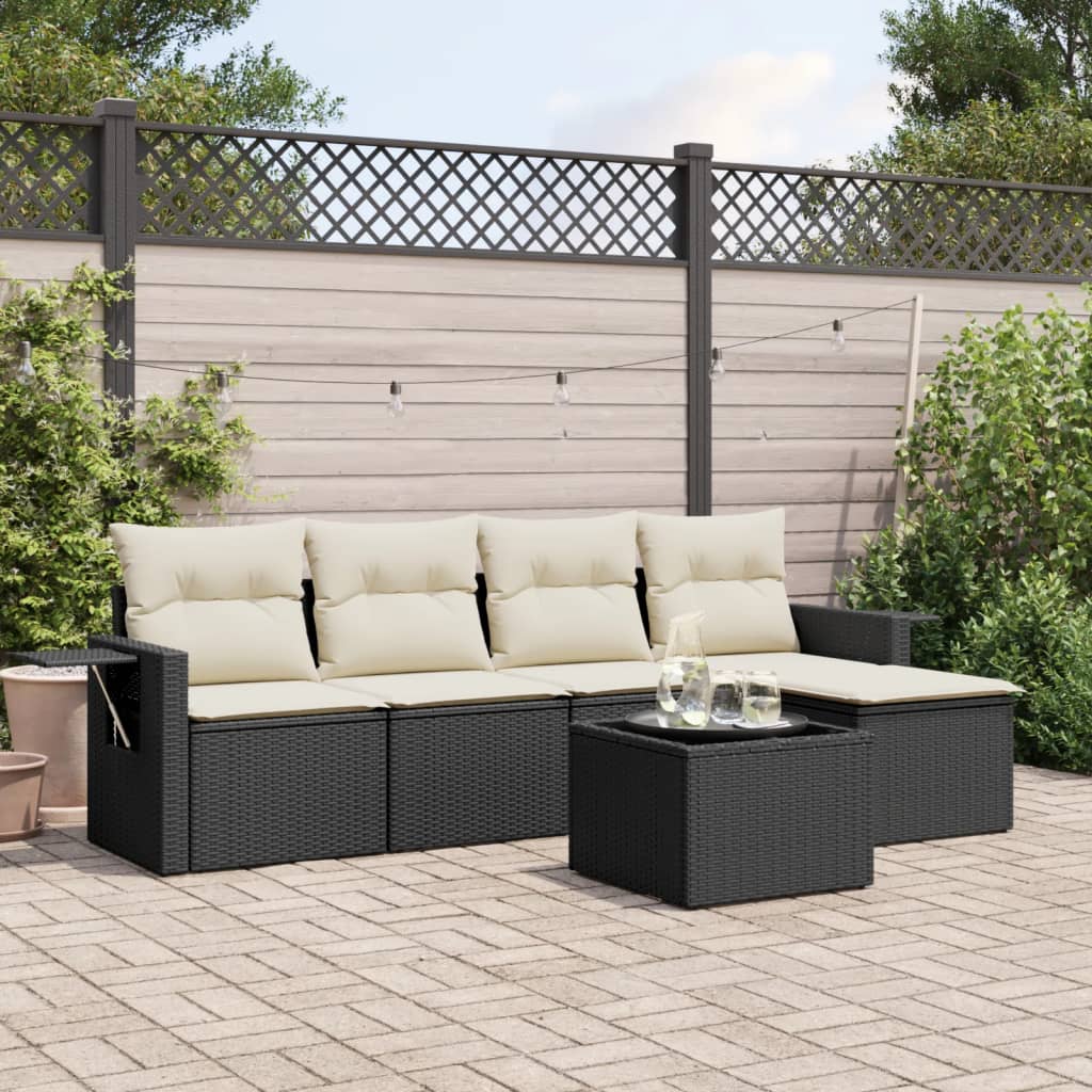 6-delige Loungeset met kussens poly rattan zwart