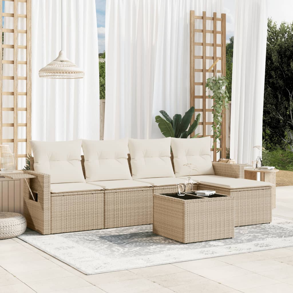 6-delige Loungeset met kussens poly rattan beige