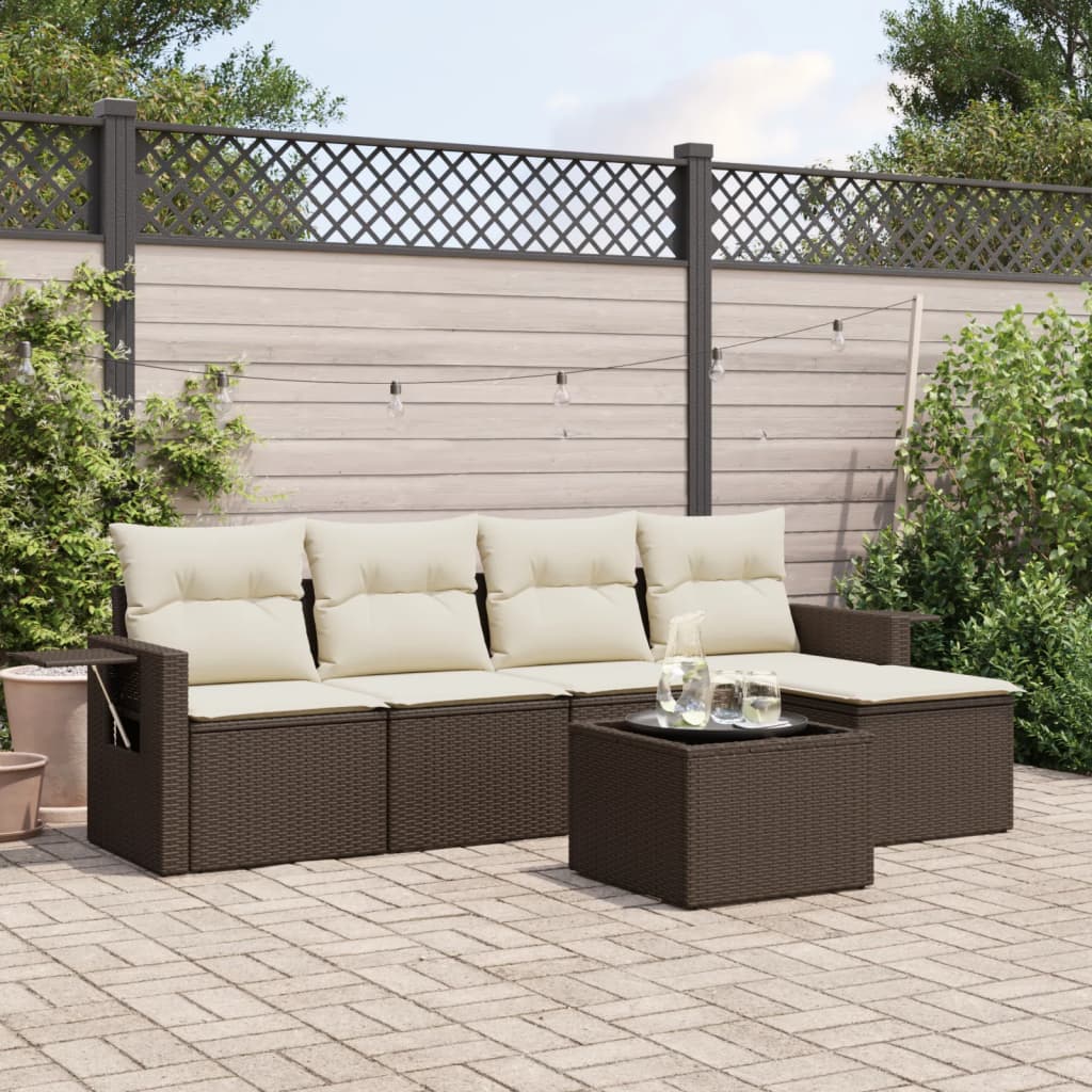 6-delige Loungeset met kussens poly rattan bruin