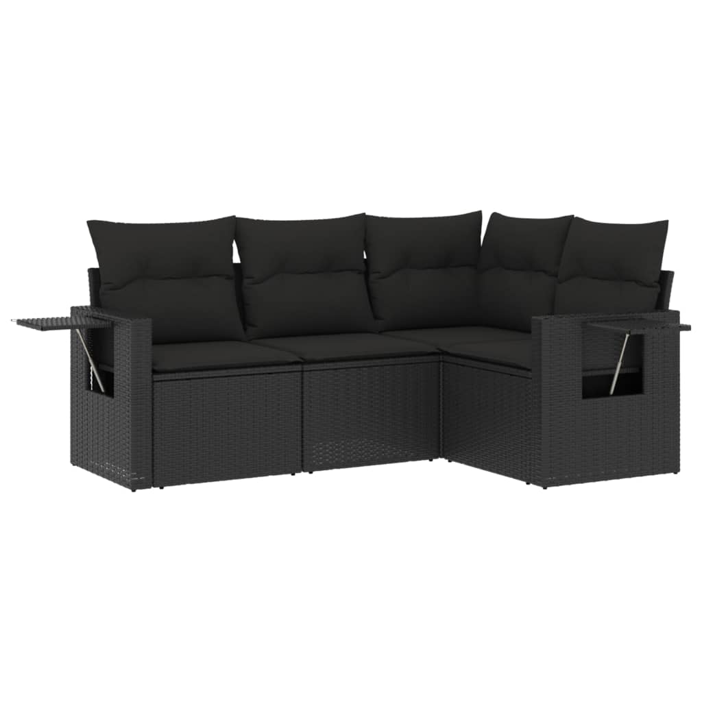 4-delige Loungeset met kussens poly rattan zwart