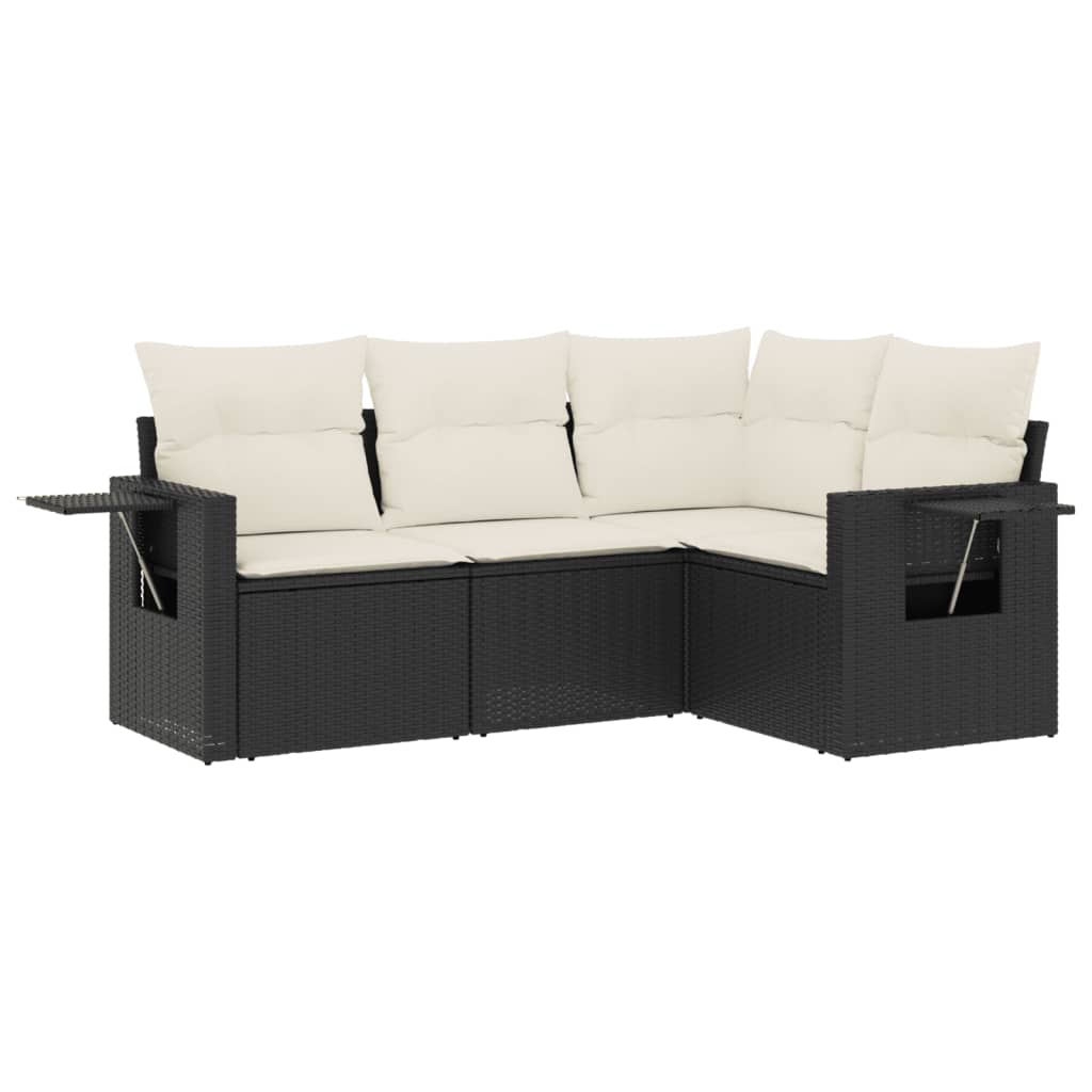 4-delige Loungeset met kussens poly rattan zwart