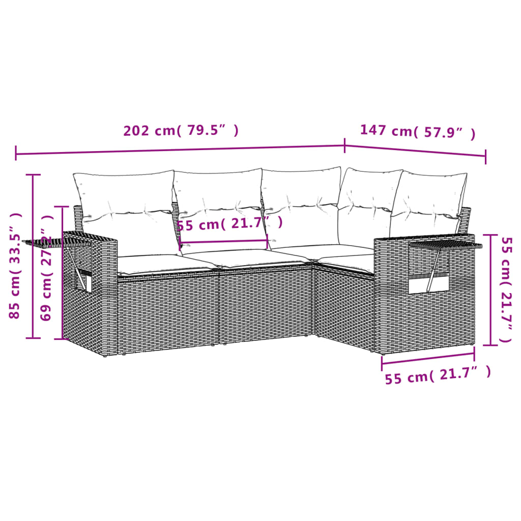 4-delige Loungeset met kussens poly rattan lichtgrijs