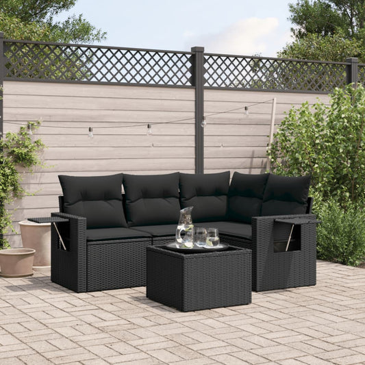 5-delige Loungeset met kussens poly rattan zwart