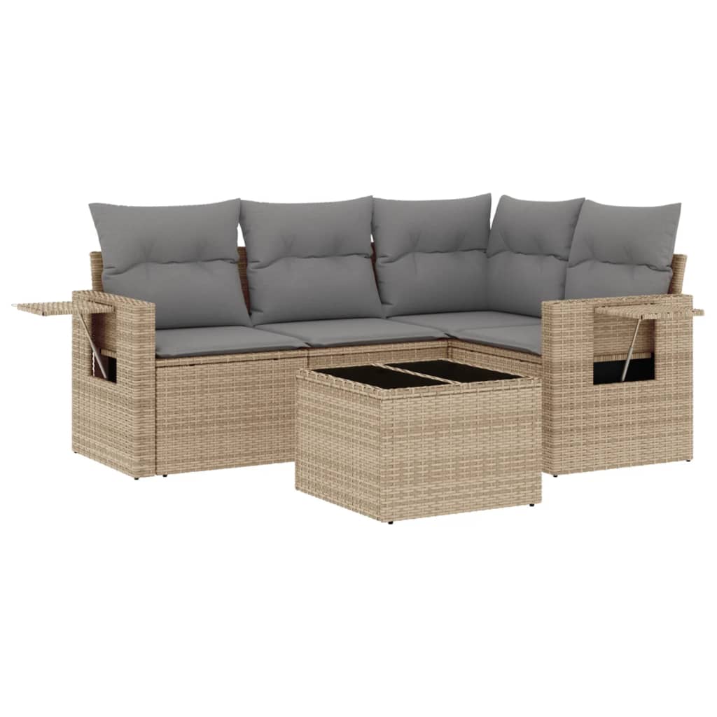 5-delige Loungeset met kussens poly rattan beige