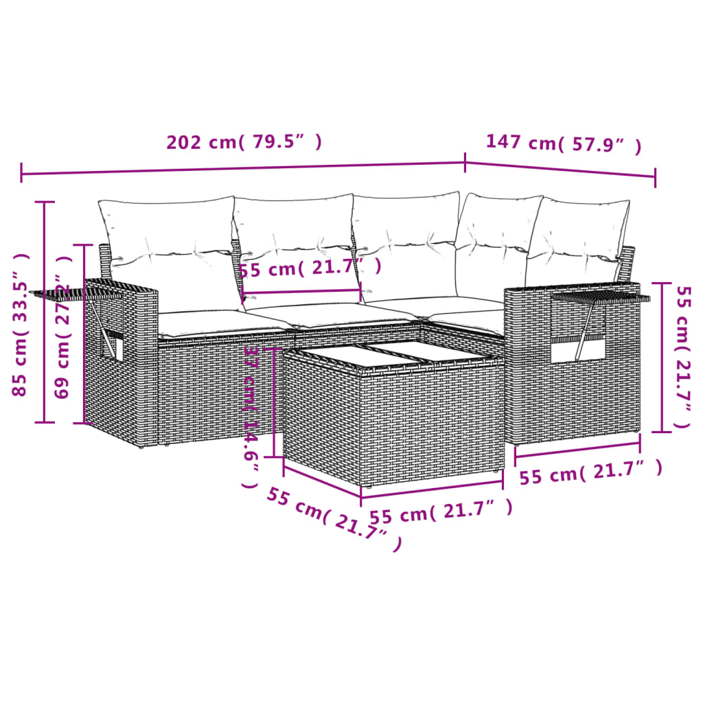 5-delige Loungeset met kussens poly rattan beige