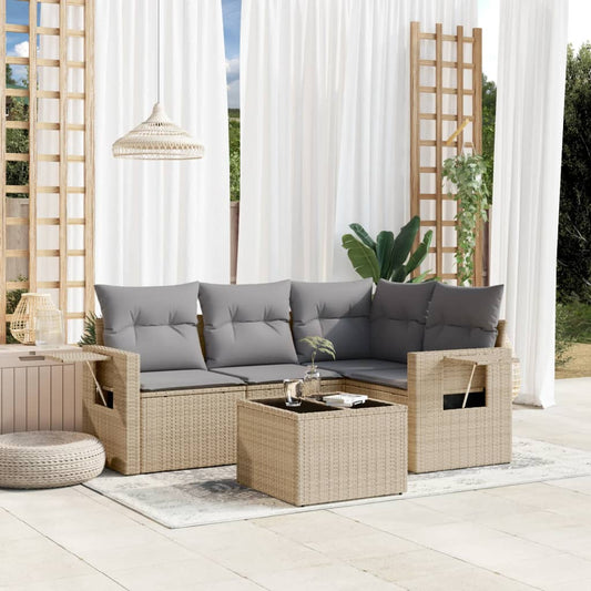 5-delige Loungeset met kussens poly rattan beige