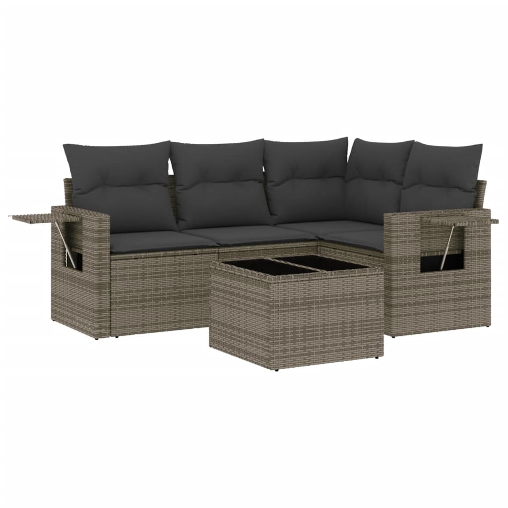 5-delige Loungeset met kussens poly rattan grijs