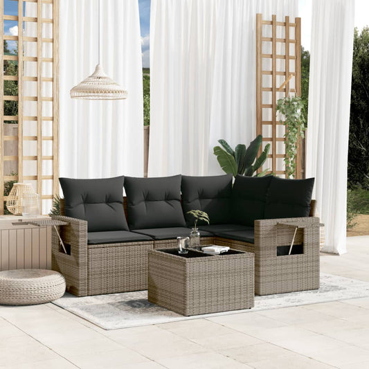 5-delige Loungeset met kussens poly rattan grijs