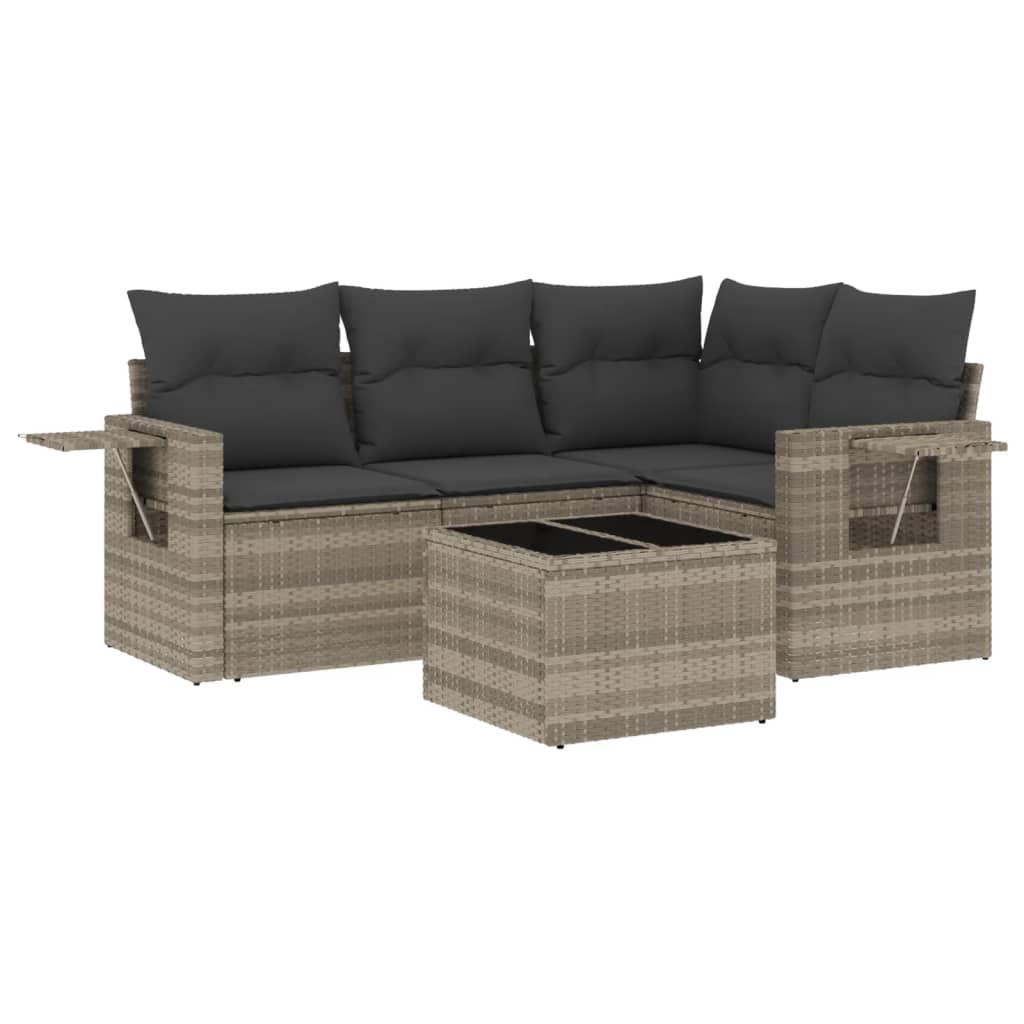 5-delige Loungeset met kussens poly rattan lichtgrijs