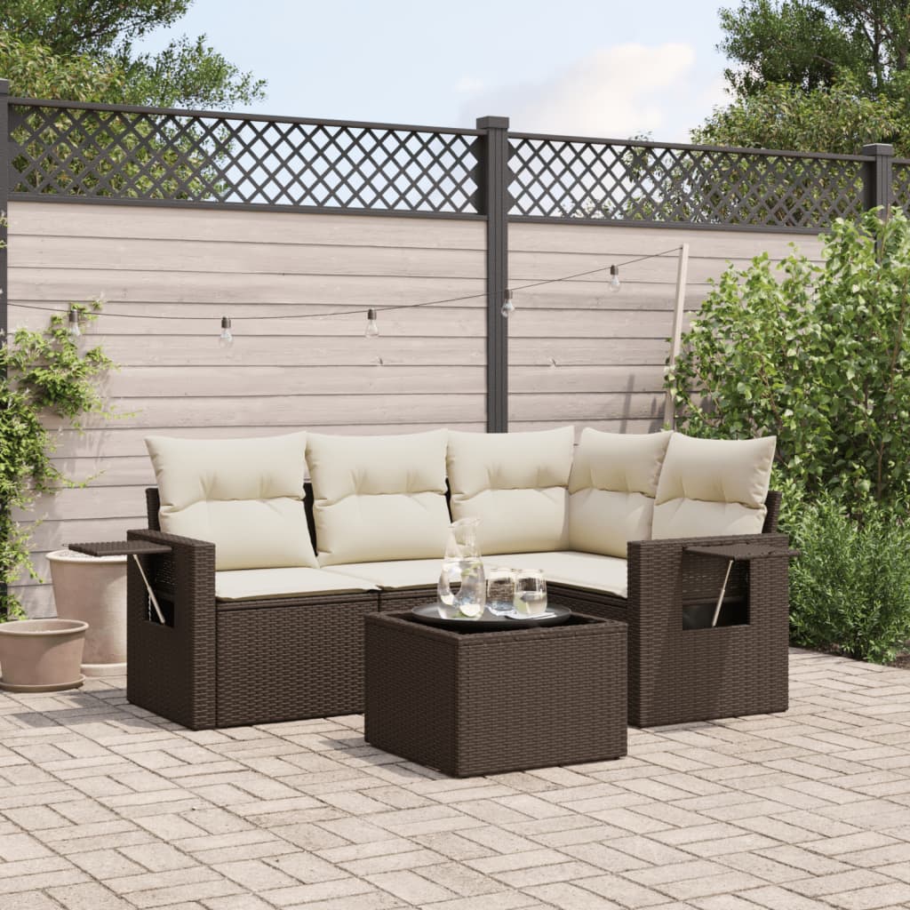 5-delige Loungeset met kussens poly rattan bruin