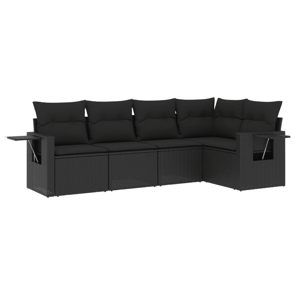 5-delige Loungeset met kussens poly rattan zwart