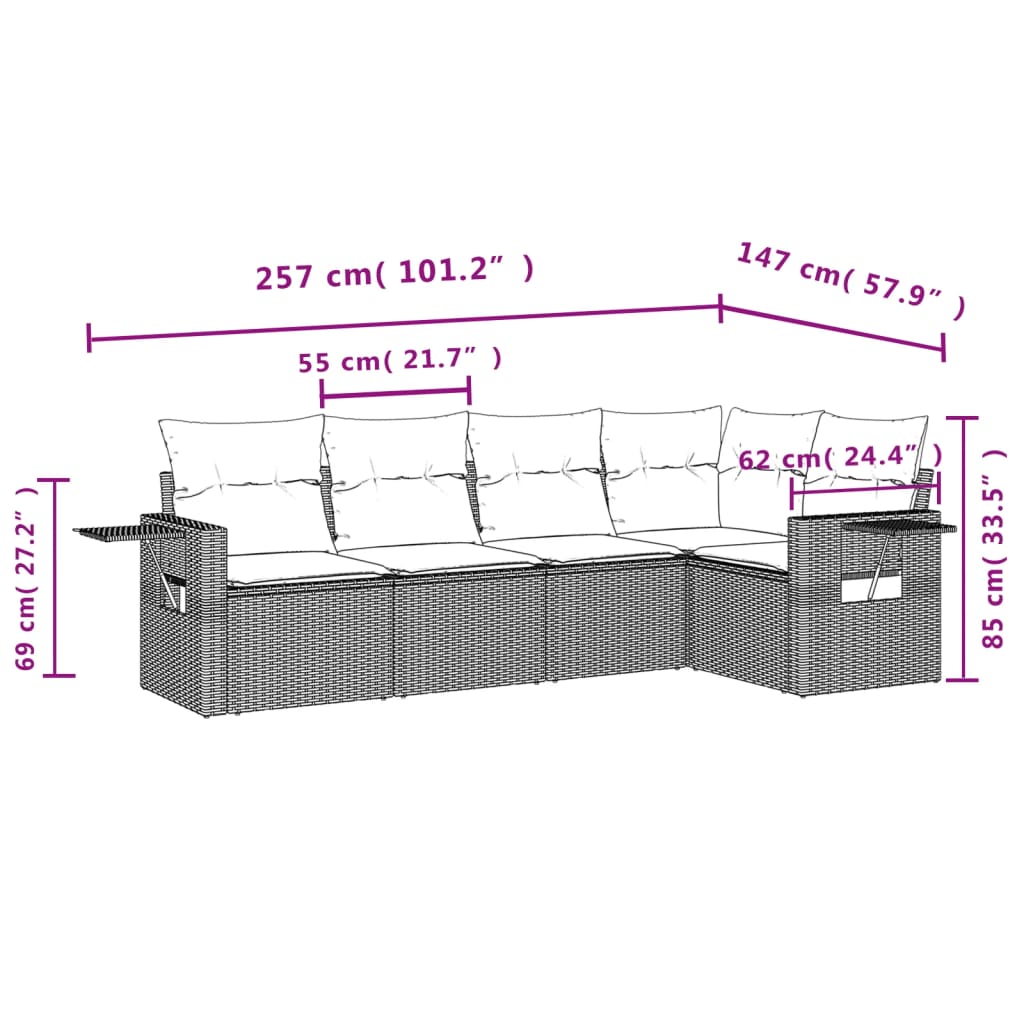 5-delige Loungeset met kussens poly rattan zwart