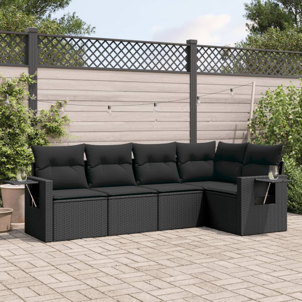 5-delige Loungeset met kussens poly rattan zwart