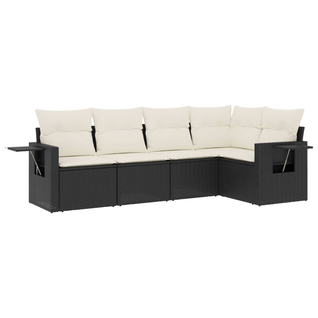 5-delige Loungeset met kussens poly rattan zwart