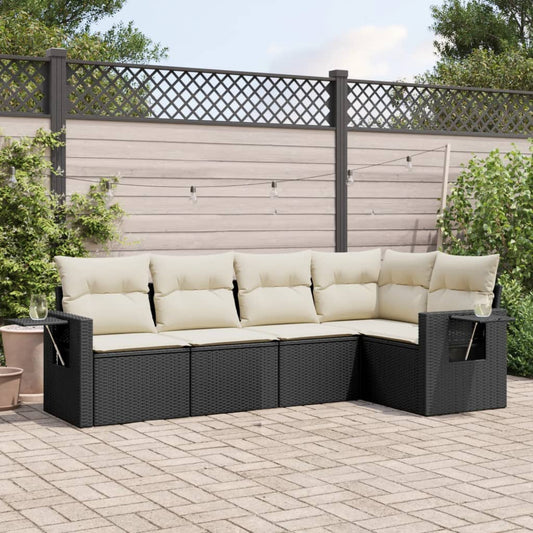 5-delige Loungeset met kussens poly rattan zwart