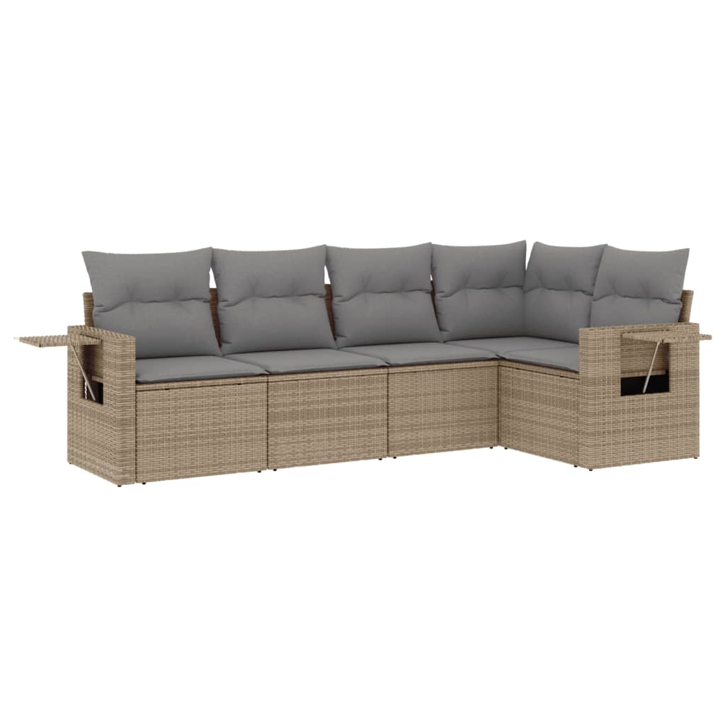 5-delige Loungeset met kussens poly rattan beige