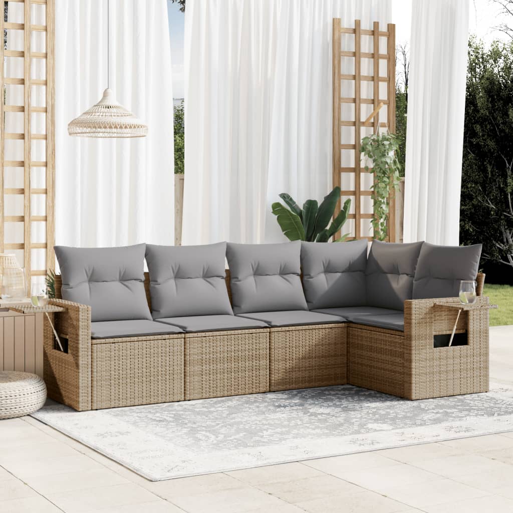 5-delige Loungeset met kussens poly rattan beige