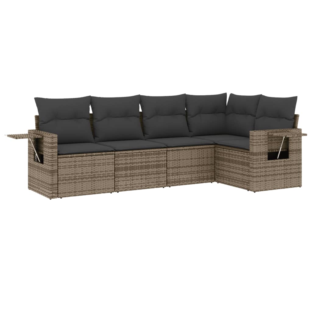 5-delige Loungeset met kussens poly rattan grijs