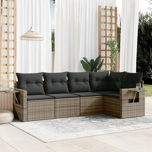 5-delige Loungeset met kussens poly rattan grijs